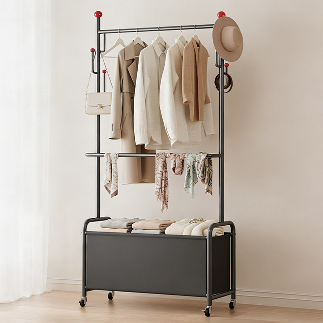 FODOSS 튼튼한 철제 시스템 행거 스탠드 옷걸이 수납바구니 포함 다용도 행거, 블랙