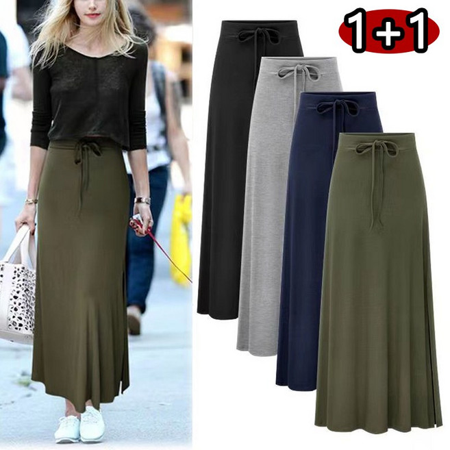 1+1 빅사이즈 여성 스판 니트 롱스커트 슬림핏 밴딩 A라인 스커트 옆트임 플레어 스커트 치마