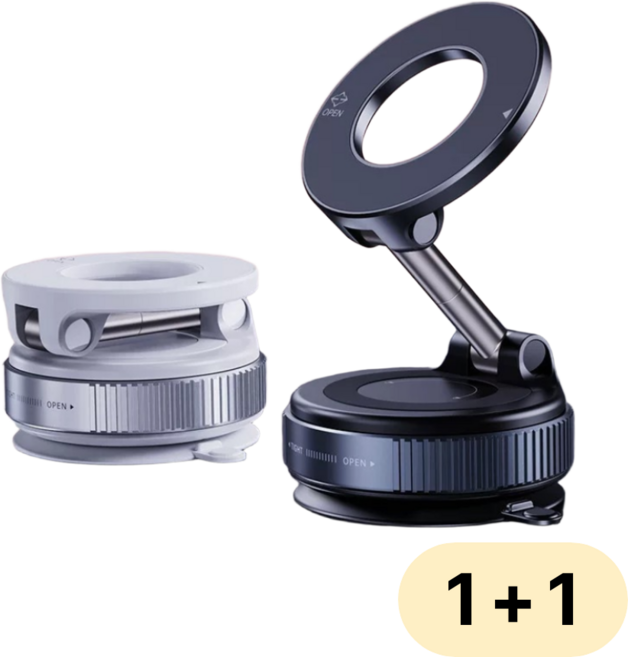 [1+1] 360도 회전 접이식 진공 흡착 맥세이프 핸드폰 거치대 다이얼형, 1세트, 블랙