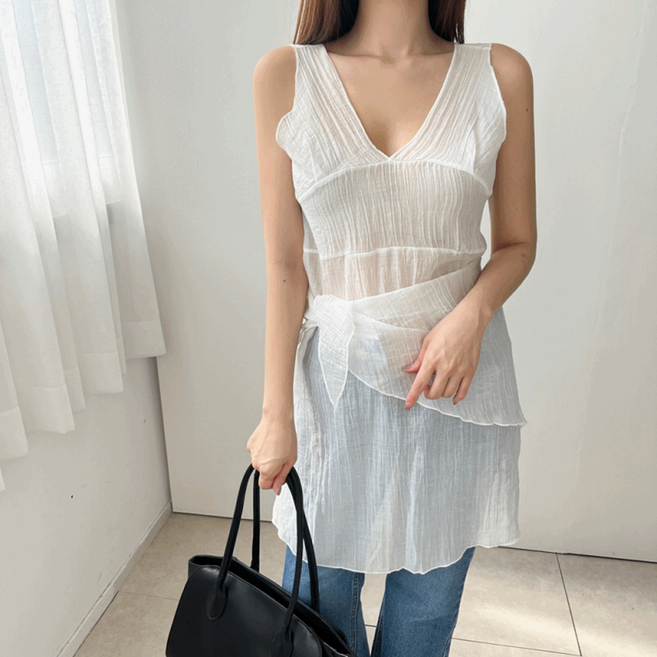 텐셀 링클 시스루 슬리브리스 딥 브이넥 미니 원피스 스카프 랩 세트 3color