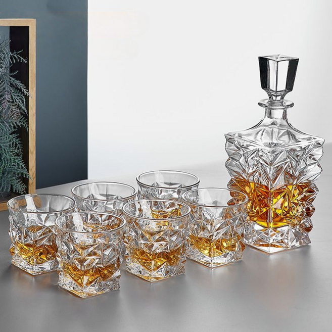 큐앤씨 크리스탈 다이아몬드 디자인 위스키 디캔터 저그 인테리어 장식 750ml디켄터+잔 6p, 1세트, 750ml