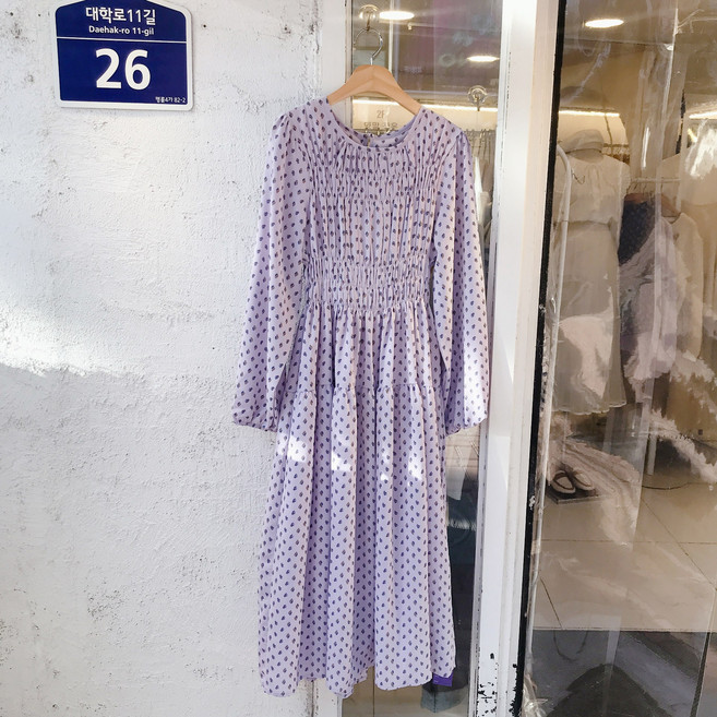 살랑살랑 페미닌 쉬폰 나염 셔링 주름 롱 원피스