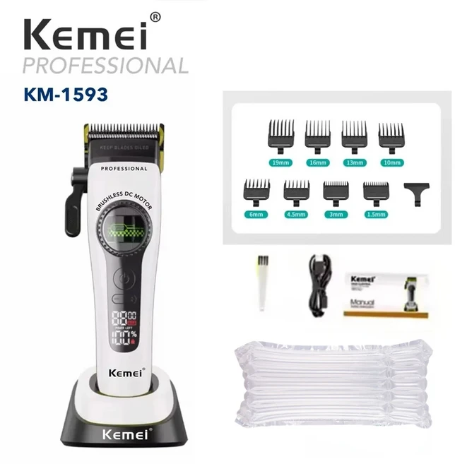 Kemei 외부 로터 브러시리스 모터 업그레이드된 헤어 트리머 전문가용 클리퍼 충전대 남성용 KM-1593, 05 KM-1593 White No box