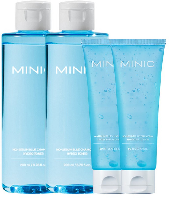 [본사직영] 미닉 노세범 블루 캐모마일 수분 토너 200ml+젤로션 80ml 2종세트 저자극 쿨링케어 산뜻 촉촉한 스킨케어 피부 진정 항염 모낭염, 2세트