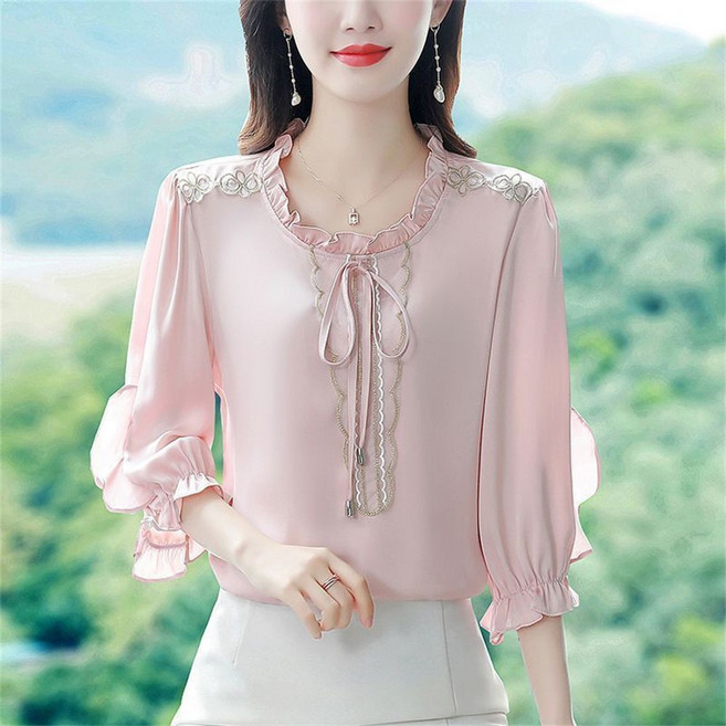 VEZRI 여성 봄가을 우아한 실크 블라우스 리본 타이 셔츠 러플 라운드넥 7부 소매