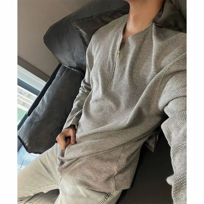 亨利衫復古美式衛衣半拉鍊華夫格春秋季長袖ins慵懶風t卹男情侶款