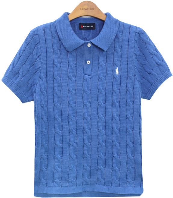 라파클럽 여성 케이블 반팔 카라 니트 꽈배기 면 100% 여름 스웨터