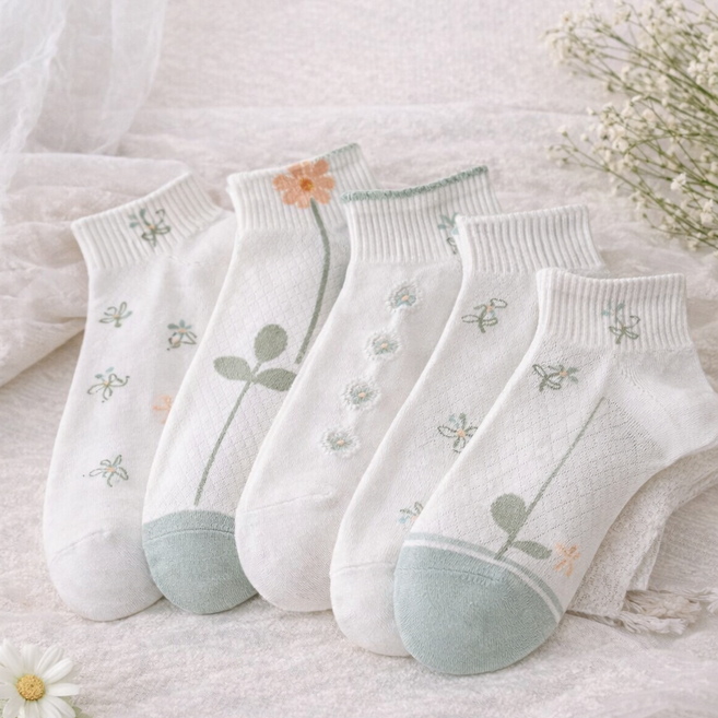 휴마이 발목 여성양말 학생양말 플라워 패턴 데일리 삭스 5켤레