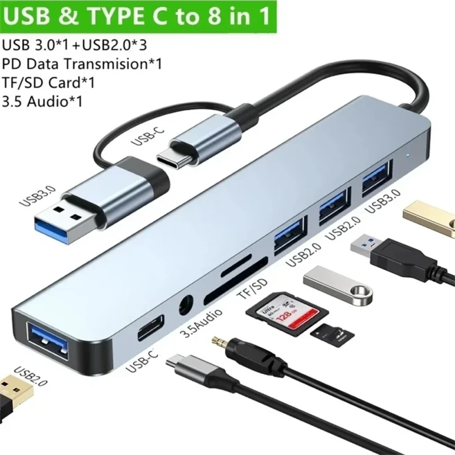 USB 3.0 타입 C 어댑터 도킹 스테이션 포트 TF SD 카드 리더 오디오 출력 멀티 허브 스플리터 (맥북 프로, 02 8 in 2