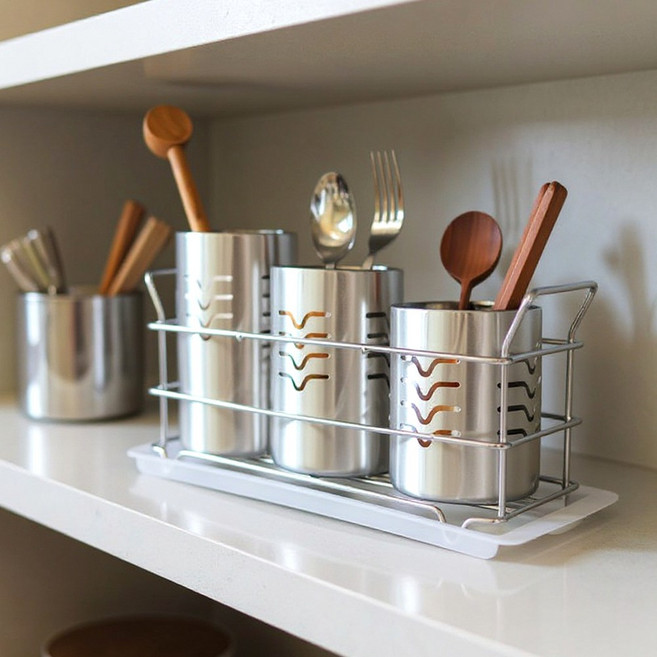 실버라인 스텐 물받이 수저통 수저꽂이 수저함 조리도구함, 1세트, 실버