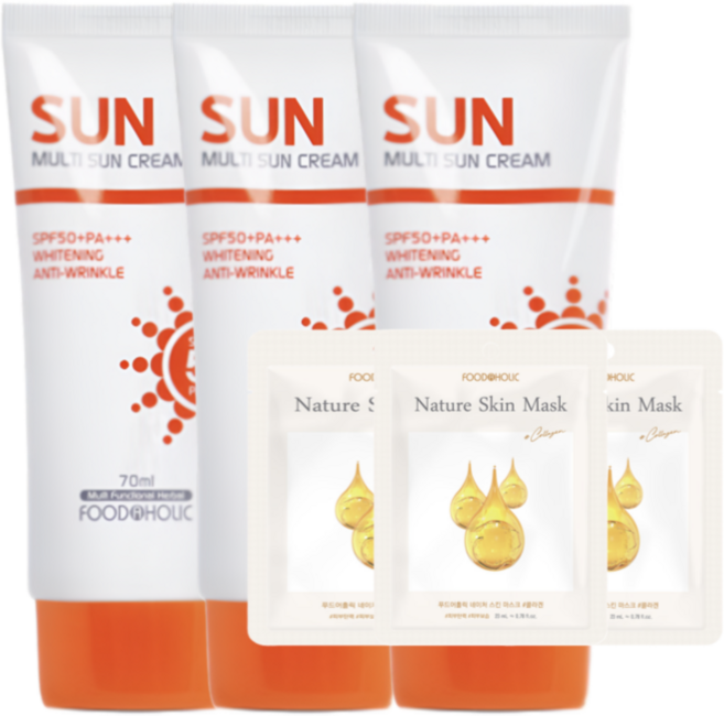 백탁없는 미백 주름개선 저자극 멀티 선크림 SPF50+PA+++ 마스크팩 증정, 3개, 70ml