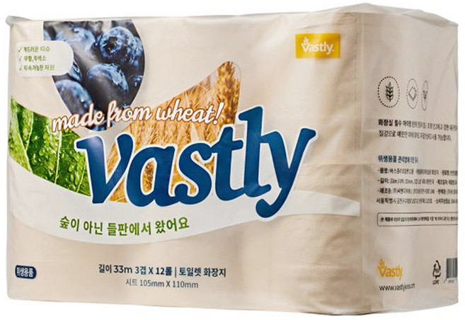 바스틀리 부드럽고 잘 내려가는 3겹 밀짚 두루마리 화장지 12롤, 33m, 12개입, 1세트