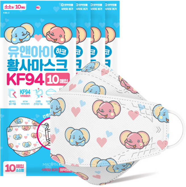KF94 [초소형] 하코 소소형 캐릭터 마스크 끈조절/국내산/당일발송, 10매입, 4개, 하코캐릭터