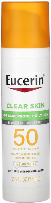 Eucerin 클리어 스킨 얼굴용 라이트웨이트 자외선 차단제 SPF 50 무향 75ml(2.5fl oz) Eucerin (유세린), 1개, 75ml - 쿠팡