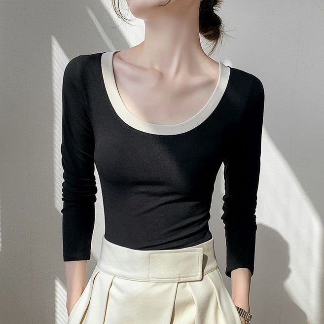 Makone 여성 라운드넥 긴팔 슬림핏 베이직 이너 티셔츠