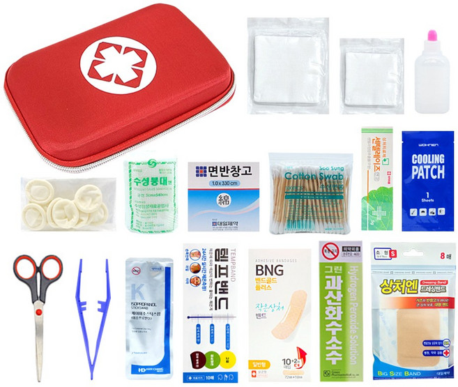 휴대용 여행 캠핑 하드케이스 구급가방 구급함 + 구급약품 16종, 1세트