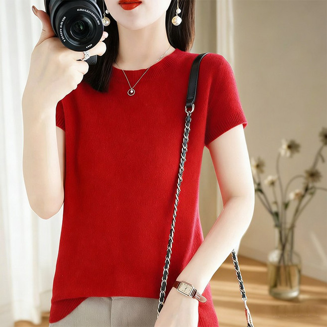 여성용 쇼트 라운드 루즈핏 니트 반팔 티셔츠