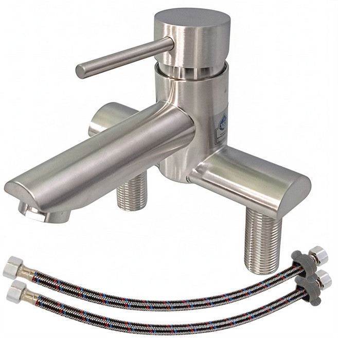 수왕 세면대 수전 투홀 욕실 무광 스텐 수도꼭지 고압호스 2개 포함 세트, 1세트