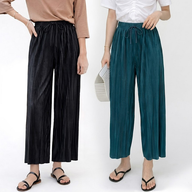 1+1 여성 플리츠 와이드팬츠 여름 가벼운 밴딩 경량 데일리 통바지