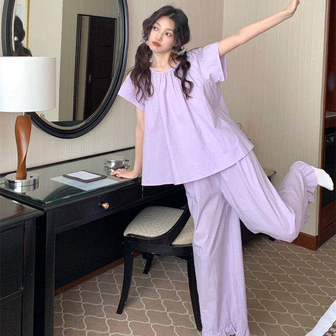 여성 심플 솔리드 파자마 세트 여름 얇은 라운드 반팔 긴바지 투피스 편안하고 루즈한 홈웨어