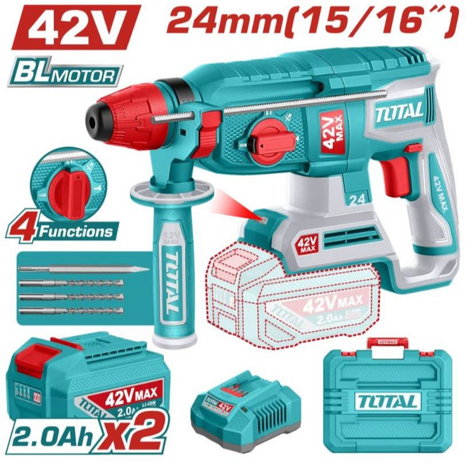 TOTAL 42V 無碳刷電鎚鑽 24mm 雙2.0Ah電池組, 1個