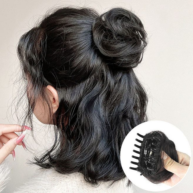 미즈코스 똥머리 볼륨 가발 집게핀 여자 볼륨 당고머리 만두머리 올림머리 부분가발, 2.곱슬머리-블랙, 1개