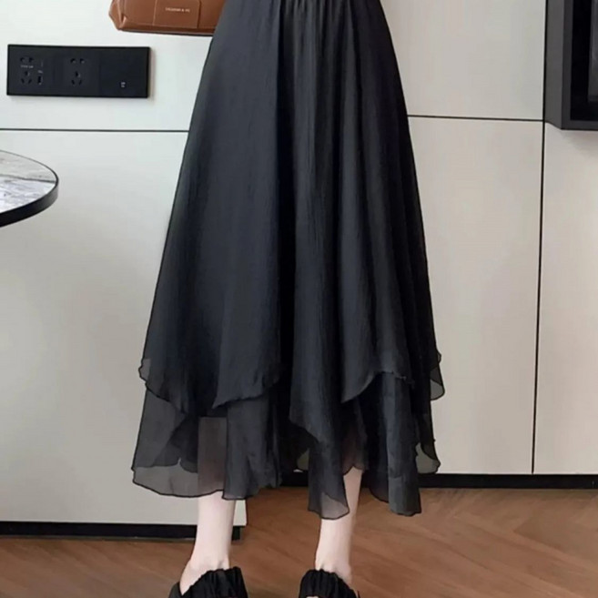 해피유통 여성 고급 블랙 시폰 레이어드 롱스커트 우아한 디자인 패션 기품XG05