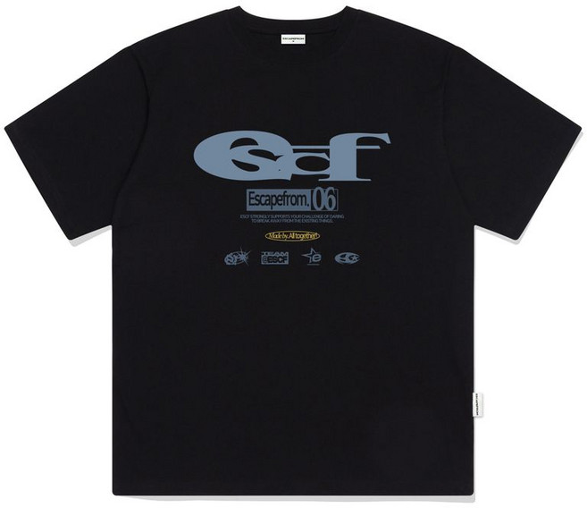 이스케이프프롬 ESCAPEFROM 애쉬 ESCF 로고 콜라주 프린트 오버핏 반팔티 블랙