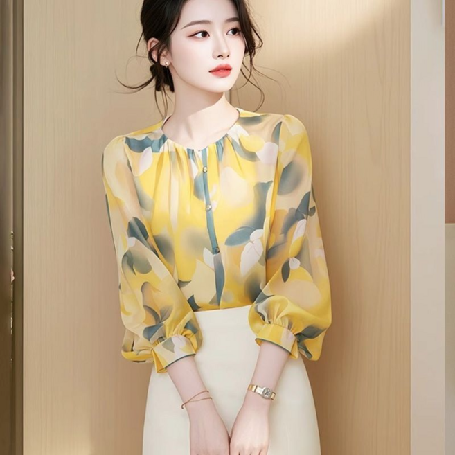 Neirny 여성 라운드넥 쉬폰 블라우스 봄가을 프렌치 플라워 7부 소매 루즈핏 슬림핏 간절기 기질 블라우스