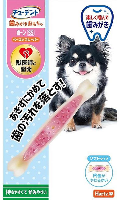 튜던트 칫솔질 장난감 본 소프트 타입 SS 초소형 개 전용 베이컨 맛 하트 Hartz 개 장난감 치약 치과 관리 수의사와 개발 질리지 않고 물고 치아의 얼룩을 떨어 뜨린다!, 1개, 상세페이지 참조