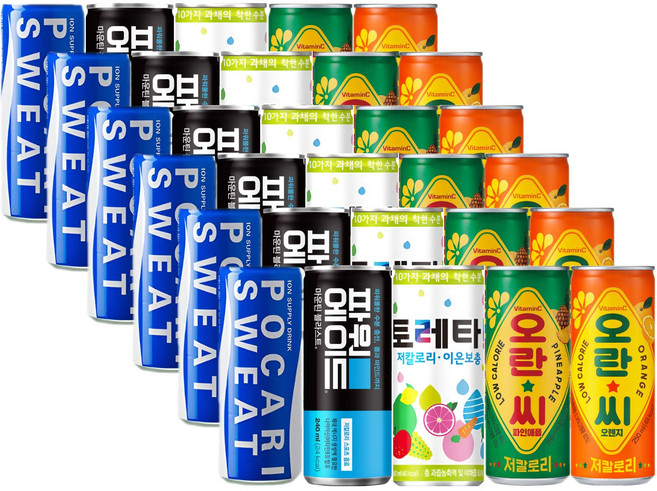 이온 탄산 캔음료 5종 각 6개씩 혼합세트(포카리+파워에이드+토레타+오란씨파인애플+오란씨오렌지), 30개, 240ml