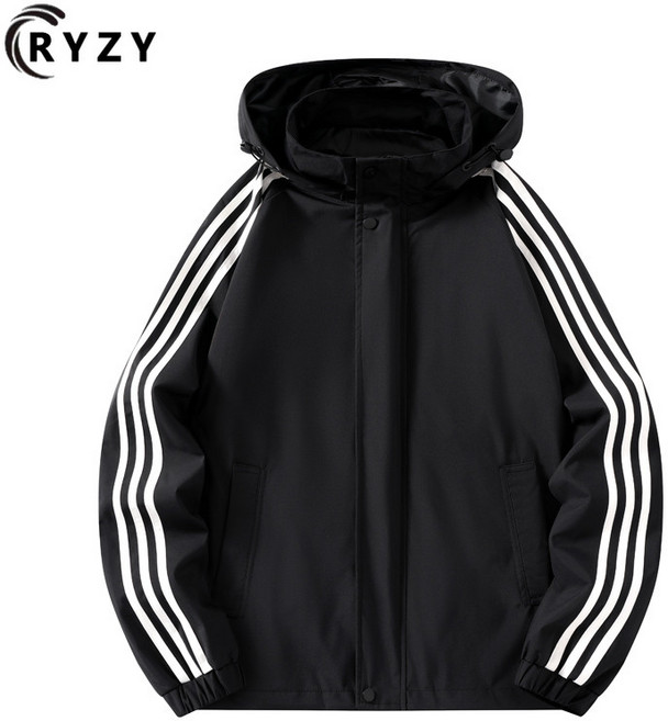 RYZY 大尺碼 棒球外套 騎行 休閒 運動 夾克 風衣 可拆卸防風帽 男女同款 黑色 寬鬆大碼