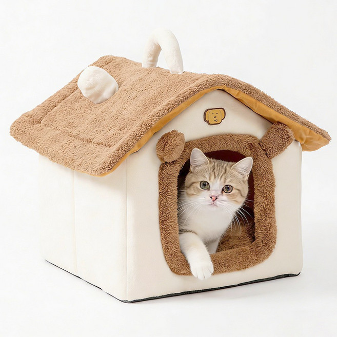 슈퍼인 강아지 고양이 하우스 쿠션 침대 분리세탁 휴대용 숨숨집, 1개, 브라운