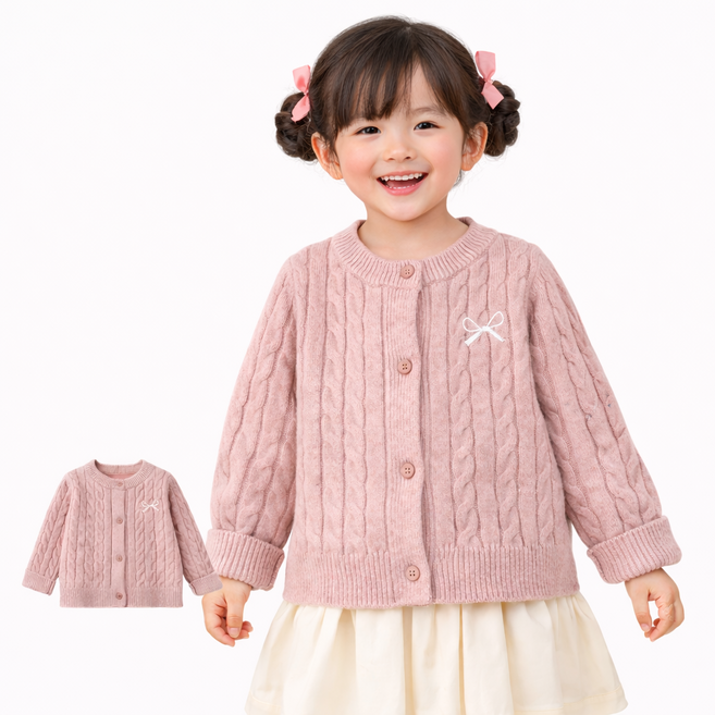 여아 니트 가디건 아동 꽈배기 케이블 리본자수 카디건 봄가을 데일리룩 리본자수꽈배기가디건