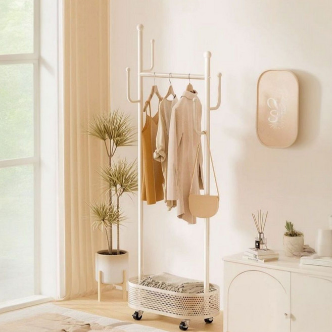 [국내브랜드] 라비베레 철제 이동식 스탠드 옷걸이 행거 600, 로니에 크림화이트