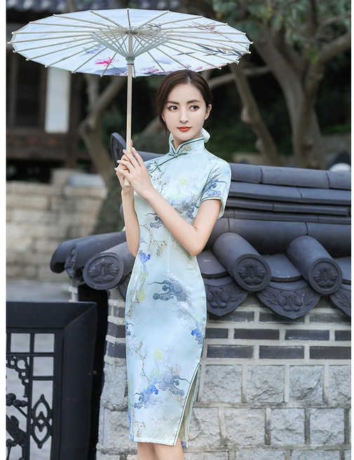復古絲綢印花中長旗袍 洋裝, 單色