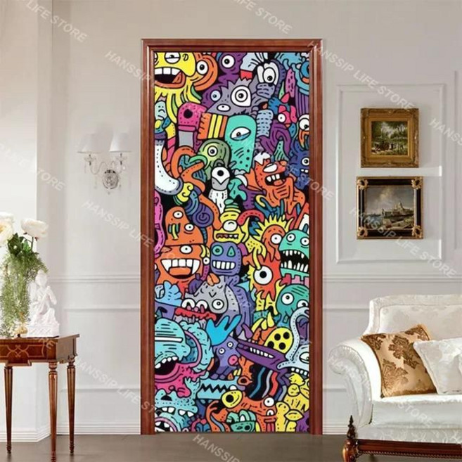 힙합 팝아트 현관문 방문 문짝 출입문 화장실문 도어 포인트 시트지 필름 레트로 유니크 화려, 40x120cm, 17