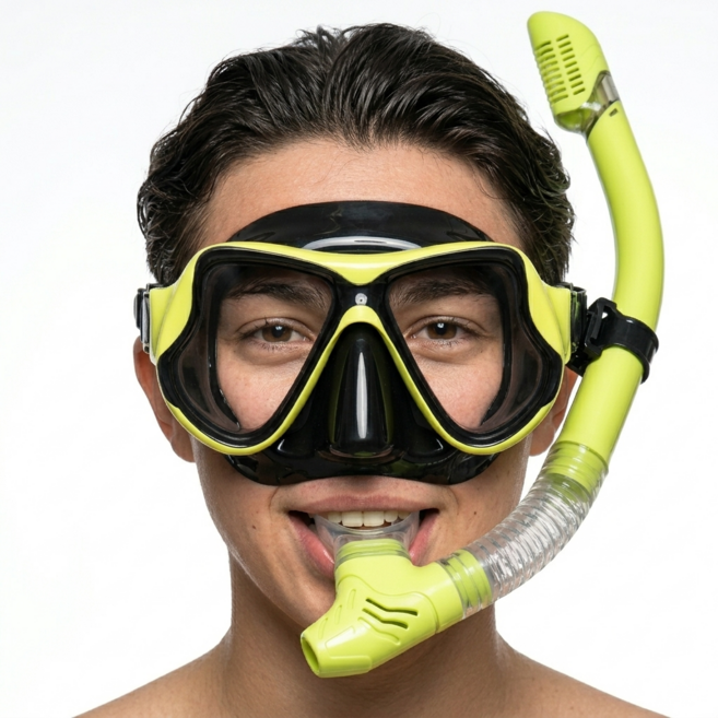 빅스테퍼 휴대용 스노쿨링 마스크 세트 물안경 김서림방지 넓은 시야, 블랙옐로우