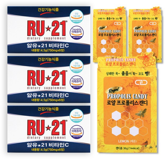 알유21 비타민C (750mg x 6정) 3개+로얄 프로폴리스 레몬(8개입) 3개 세트, 4.5g, 1세트