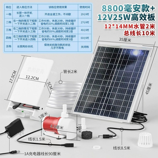 太陽能水泵 魚菜共生/魚池/魚缸過濾, 25W太陽能+水泵+5擋省電儲能盒, 1個