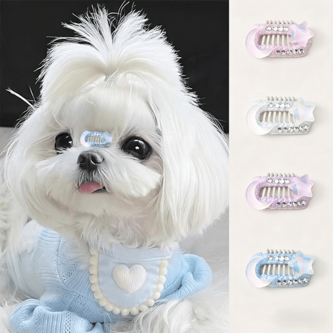 강아지 머리핀 세트 귀여운 별&달 빗살핀 애견 헤어 액세서리 4개 파티용, 1세트, 다색