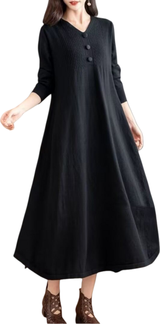 Makone 여성 가을 겨울 루즈핏 브이넥 A라인 긴팔 니트 롱 원피스