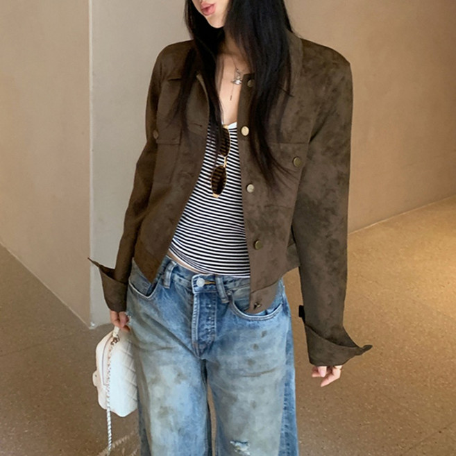 여성용 스웨이드 세미 크롭 트러커 자켓 빈티지 숏 아우터