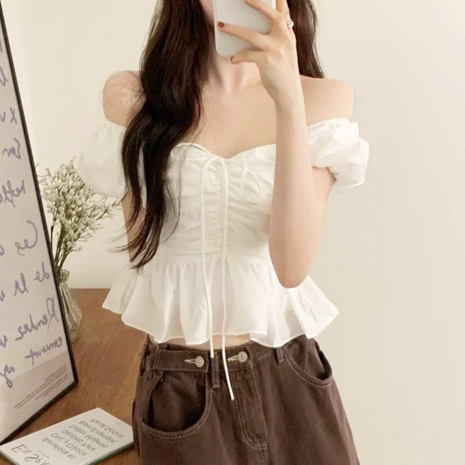 에스알비 셔링 프릴 오프숄더 블라우스