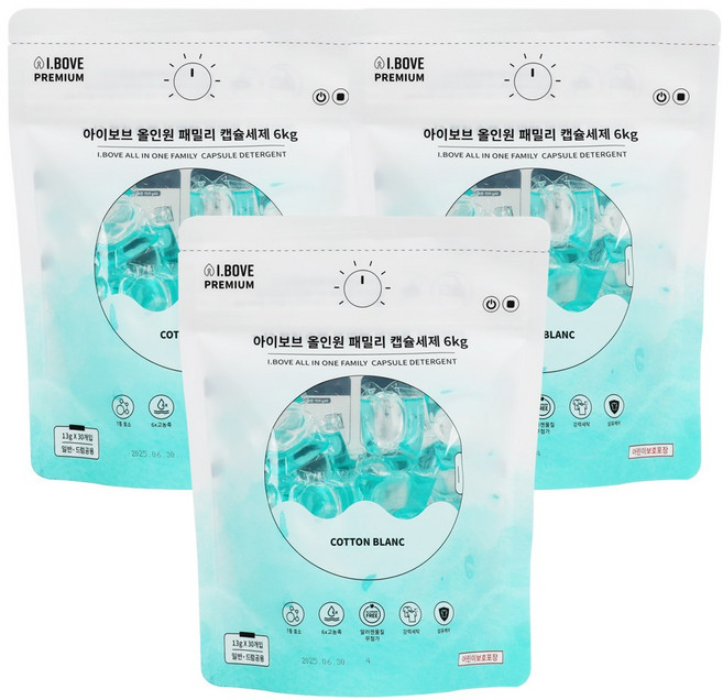 아이보브 프리미엄 코튼블랑 올인원 패밀리 캡슐세제, 30개입, 3개