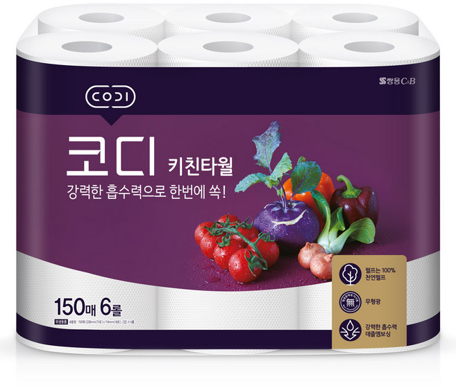 코디 아름드리 천연펄프 키친타올 150매, 6롤, 1개