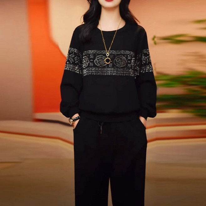 간절기 빅사이즈 봄가을 패션 세트 여성용 베이직 편안한 라운드넥 맨투맨+바지 캐주얼 투피스