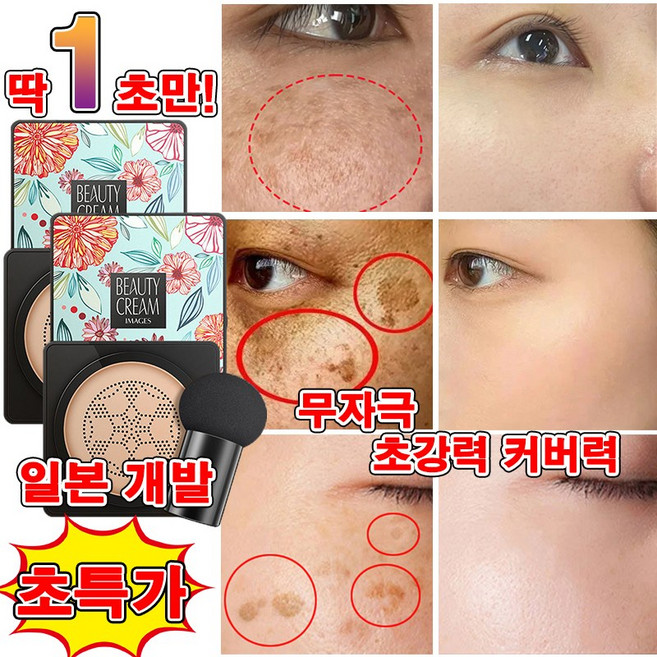 [일본 개발] 1/1+1 BB크림 핑크 사슴 버섯머리 자연스러운 커버력 버섯머리 퍼프 촉촉한 쿠션 강한 커버력 선물랜덤 증정, 1개, 20g, 형상미 자연색