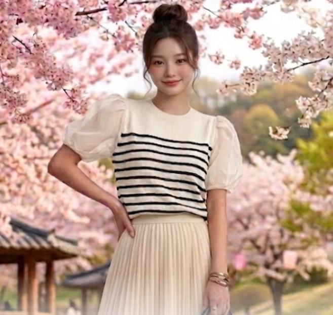 [엔젤D] 여성 시스루 퍼프 소매 반팔 니트