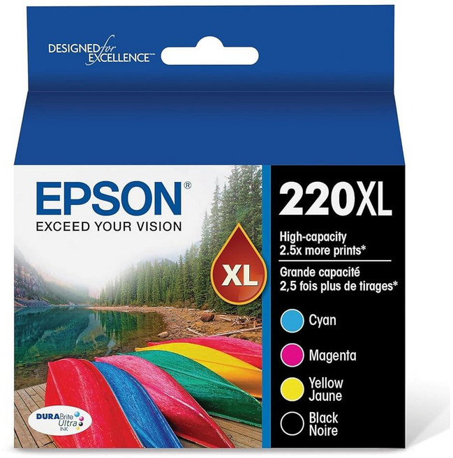 Epson T220XL 대용량 잉크 카트리지 블랙/시안/마젠타/옐로우 4/팩 WF-2630 WF-2650 WF-2660 WF-2750 WF-2760 XP-320, Epson T220XL 대용량 잉크 카트리지, 블랙/시